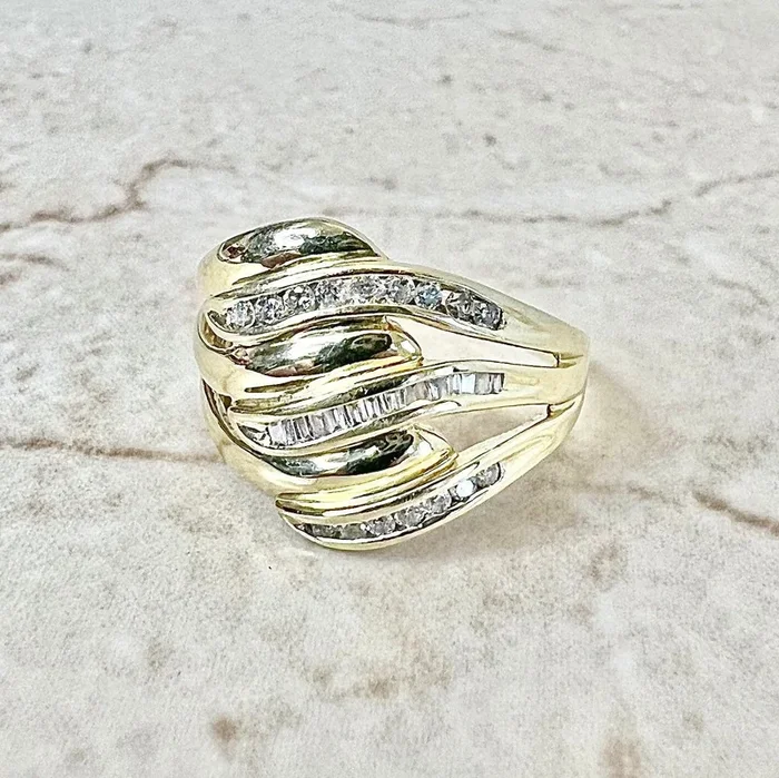 Vintage 14 Karat Yellow Gold Three-Row 0.30 Carat Diamond Cocktail Ring