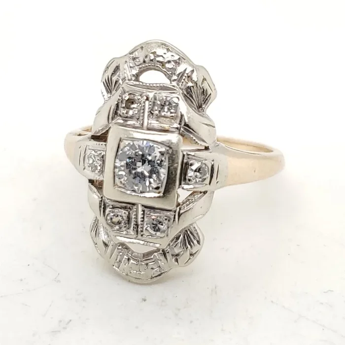 Vintage 14kt Yellow and White Gold Filigree Diamond Dinner Ring