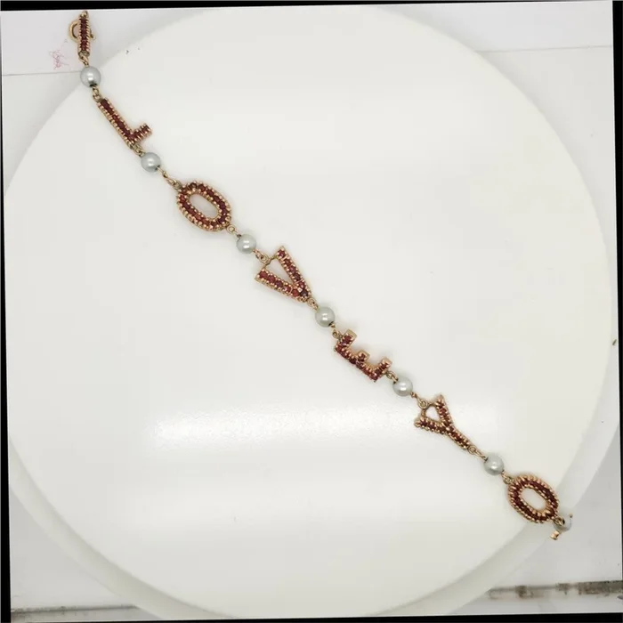 Vintage 14kt Yellow Gold Garnet and Pearl I Love You Bracelet