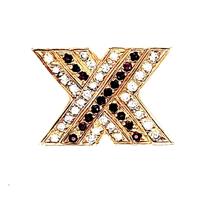 Vintage 14kt Yellow Gold Ruby and Diamond X Brooch
