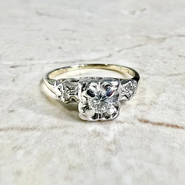 Vintage 1940’s Retro 14 Karat Yellow & White Gold Diamond Solitaire Engagement Ring