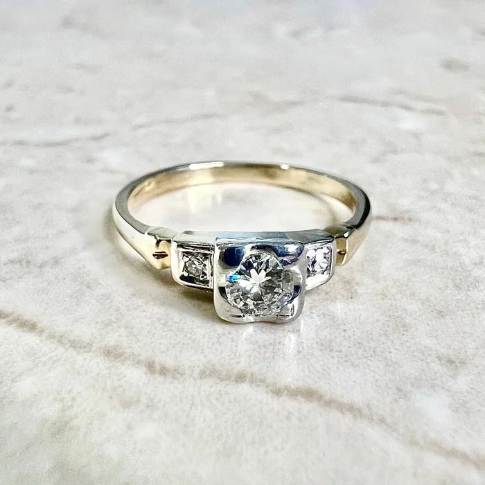 Vintage 1940’s Retro 14 Karat Yellow & White Gold Diamond Three-Stone Engagement Ring