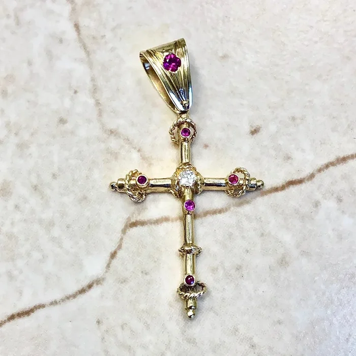 Vintage 1950’s 14 Karat Yellow Gold Synthetic Ruby & Diamond Cross Pendant