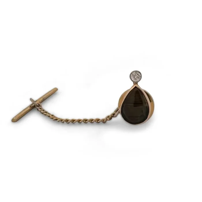 Vintage Black Star Sapphire and Diamond Tie Tack 14k Yellow Gold