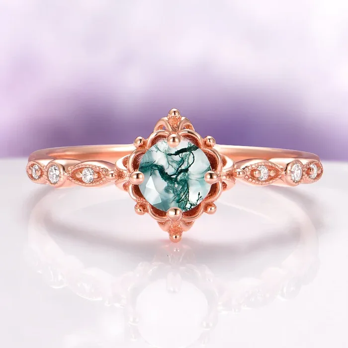 Vintage Green Moss Agate Engagement Ring in 14K Rose Gold Vermeil