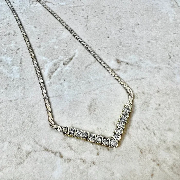 Vintage Italian 14 Karat Yellow Gold V Shape 1/2 Carat Diamond Necklace