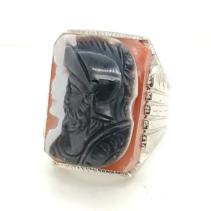 Vintage Mens 14kt White Gold and Hard Stone Carved Intaglio Ring