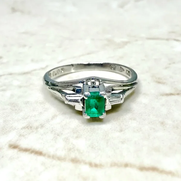 Vintage Platinum Natural Emerald & Diamond 3-Stone Ring
