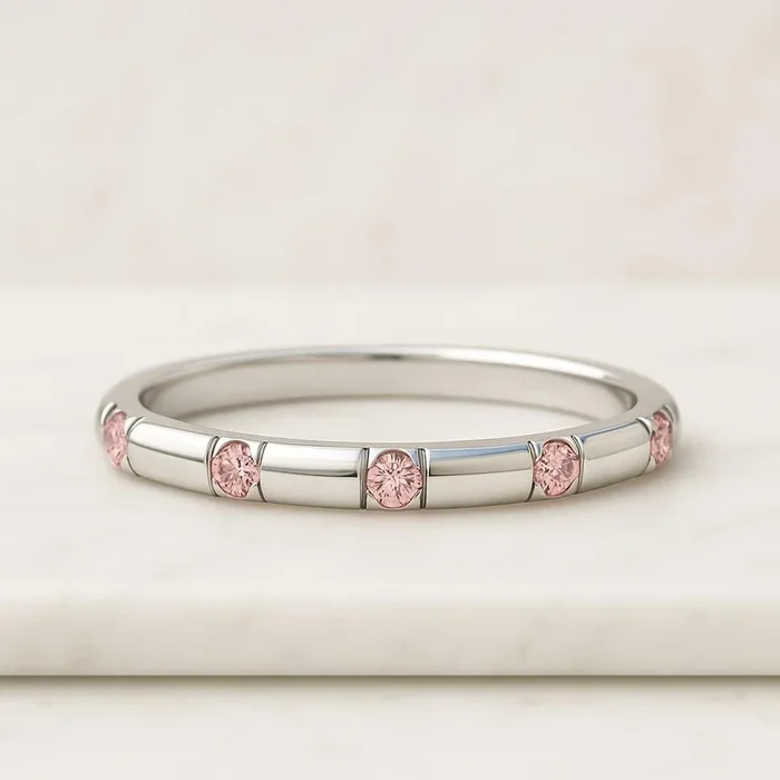 Vivid Pink Round Lab Grown Diamond Distance Pave Wedding Band For Women
