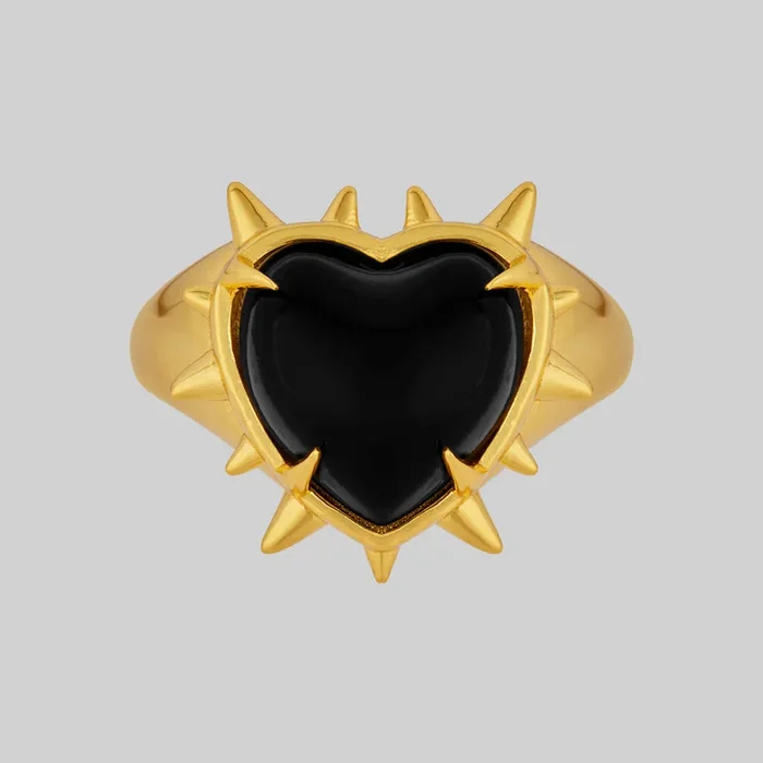 VOID. Spiked Black Glass Heart Ring – Gold