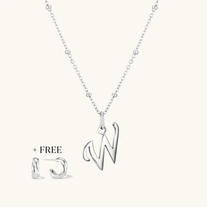 W Script Initial Necklace + FREE Allure Hoops Silver