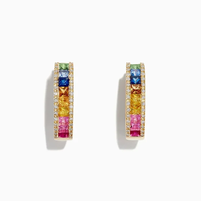 Watercolors 14K Gold Multi Sapphire & Diamond 3/4″ Hoop Earrings, 2.63 TCW