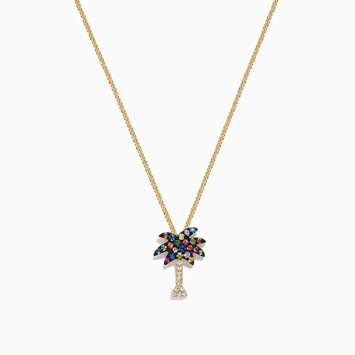 Watercolors 14K Yellow Gold Multi Sapphire & Diamond Palm Tree Pendant, 0.33 TCW