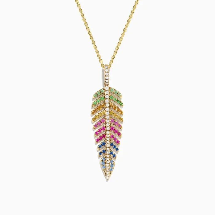Watercolors 14K Yellow Gold Multi Sapphire and Diamond Leaf Pendant