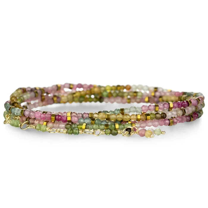 Watermelon Tourmaline and Pyrite Wrap Bracelet