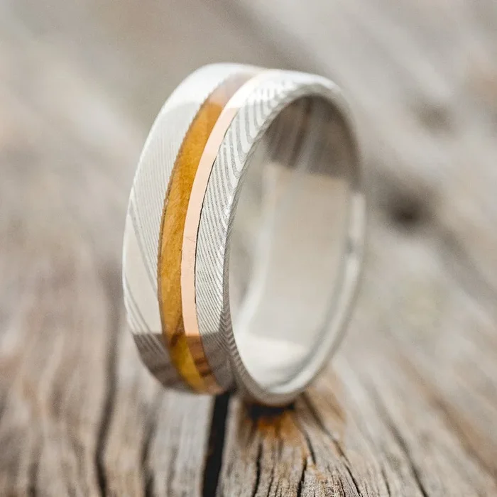 WHISKEY BARREL OAK & 14K GOLD INLAY WEDDING RING