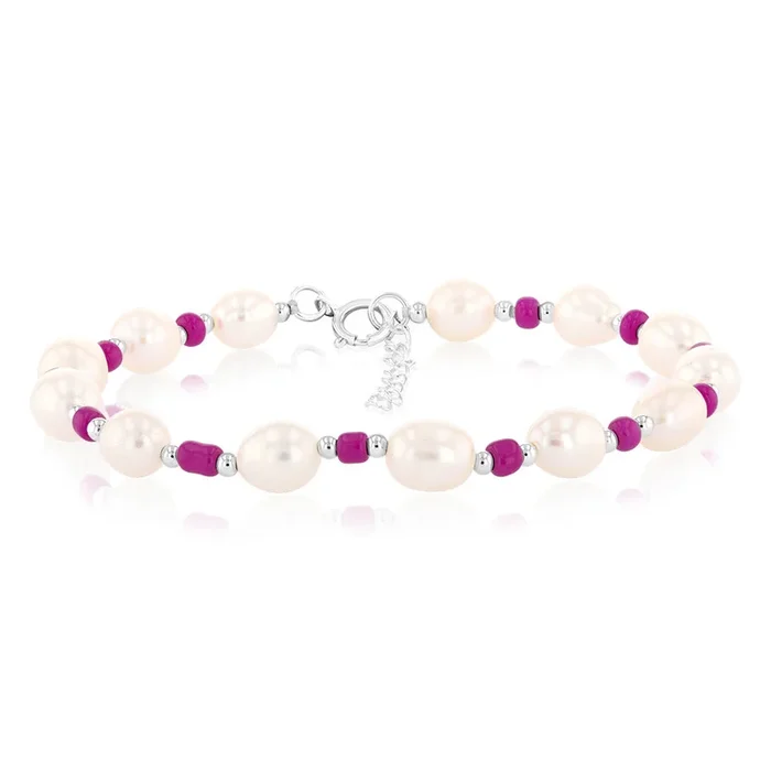White Freshwater Pearl Bracelet with Pink & Silver Beads in Sterling Silver
