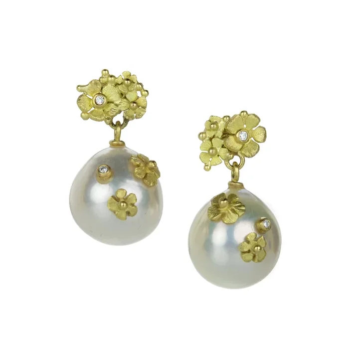White Freshwater Pearl Floral Posted Drop Earrings