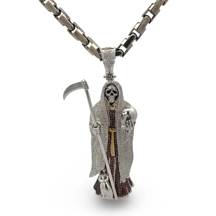 White Gold Diamond Santa Muerte Grim Reaper Pendant + Box Link Chain