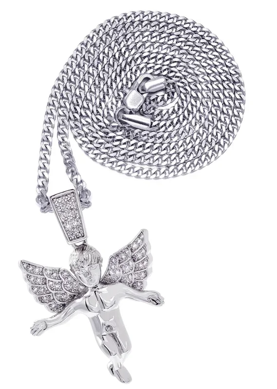 White Gold Plated Cuban Link Chain & Angel Pendant | Appx. 14.2 Grams