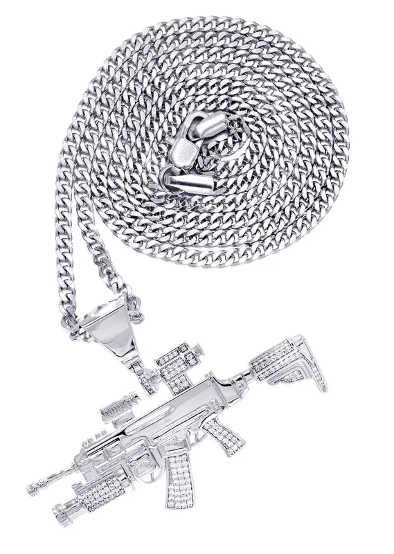 White Gold Plated Cuban Link Chain & Gun Pendant | Appx. 31.9 Grams