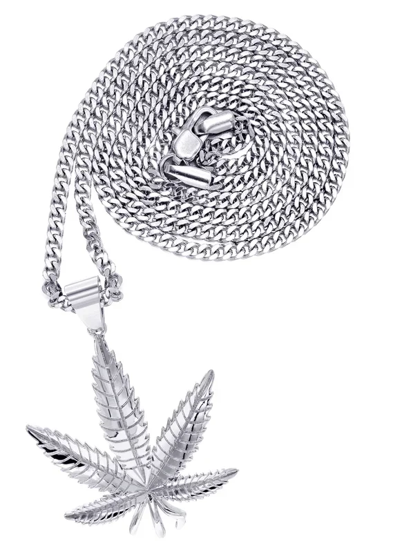 White Gold Plated Cuban Link Chain & Marihuana Leaf Pendant | Appx. 17.4 Grams