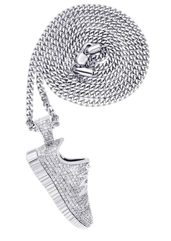White Gold Plated Cuban Link Chain & Sneaker Pendant | Appx. 30.9 Grams