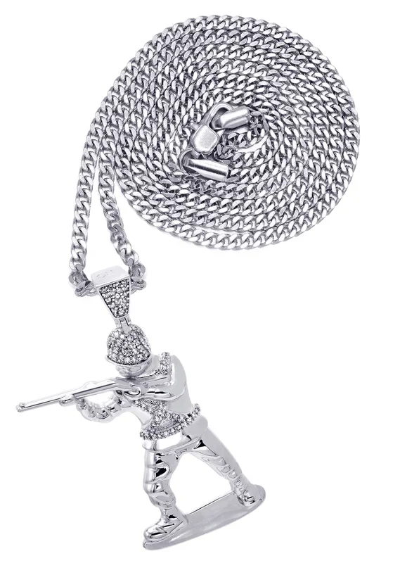 White Gold Plated Cuban Link Chain & Soldier Pendant | Appx. 14.3 Grams