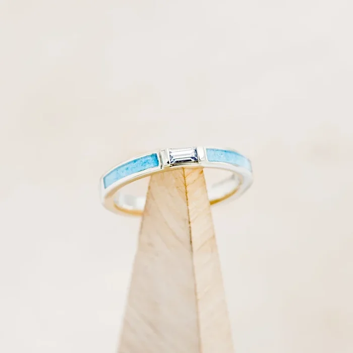 WHITE SAPPHIRE WEDDING BAND WITH TURQUOISE INLAYS