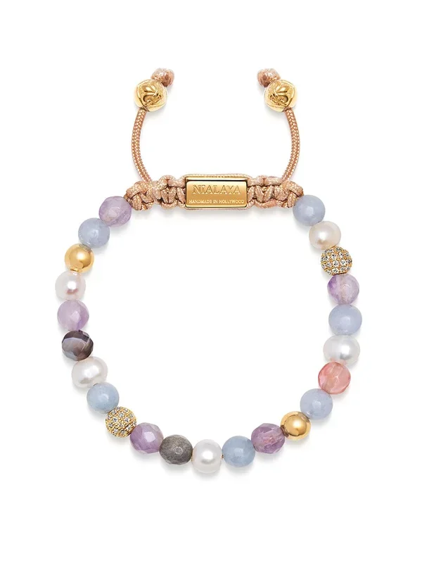 Women’s Beaded Bracelet with Aquamarine, Amethyst Lavender, Cherry Quartz, Pearls and Botswana Agate
