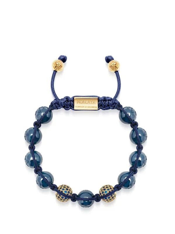 Women’s Beaded Bracelet with Blue Ceramic and Gold CZ Beads