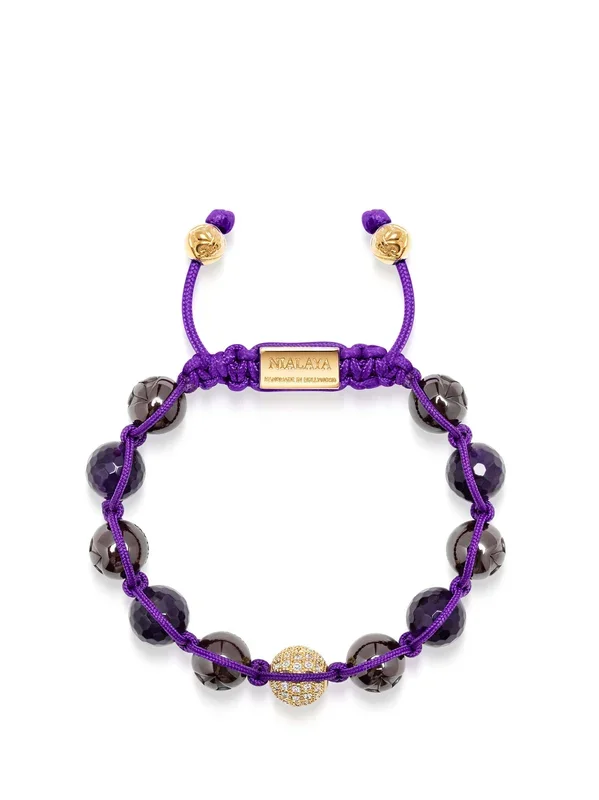 Women’s Beaded Bracelet with Faceted Amethyst, Burgundy Ceramic and Gold CZ