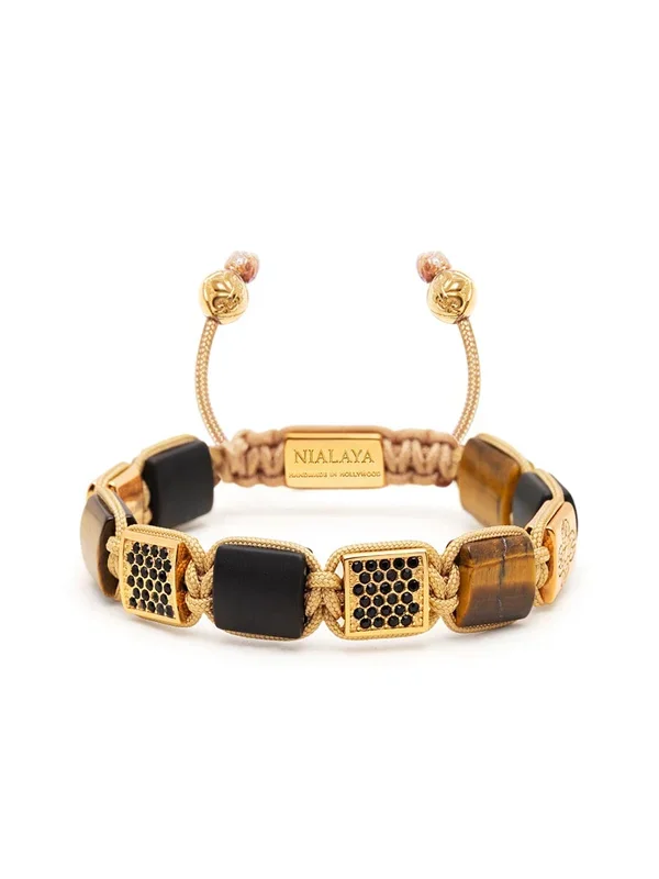 Women’s Brown Tiger Eye and Black Onyx Flatbead Bracelet with Black CZ Diamonds and Gold Plating