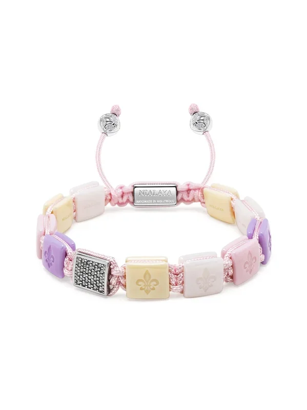Women’s Cream, White, Lavender & Soft Pink Ceramic Flatbead Bracelet with Silver CZ