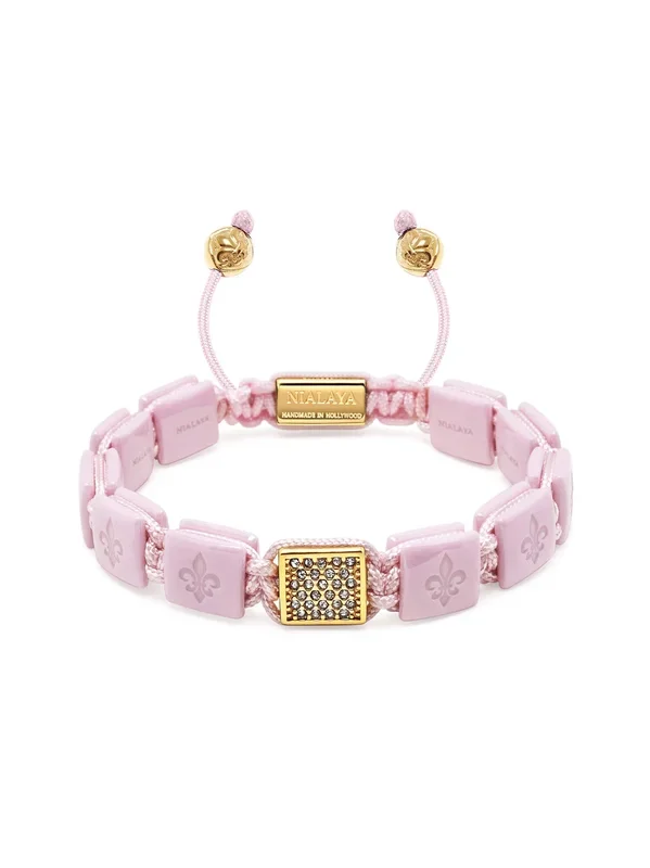 Women’s Soft Pink Ceramic Flatbead Bracelet with Gold CZ