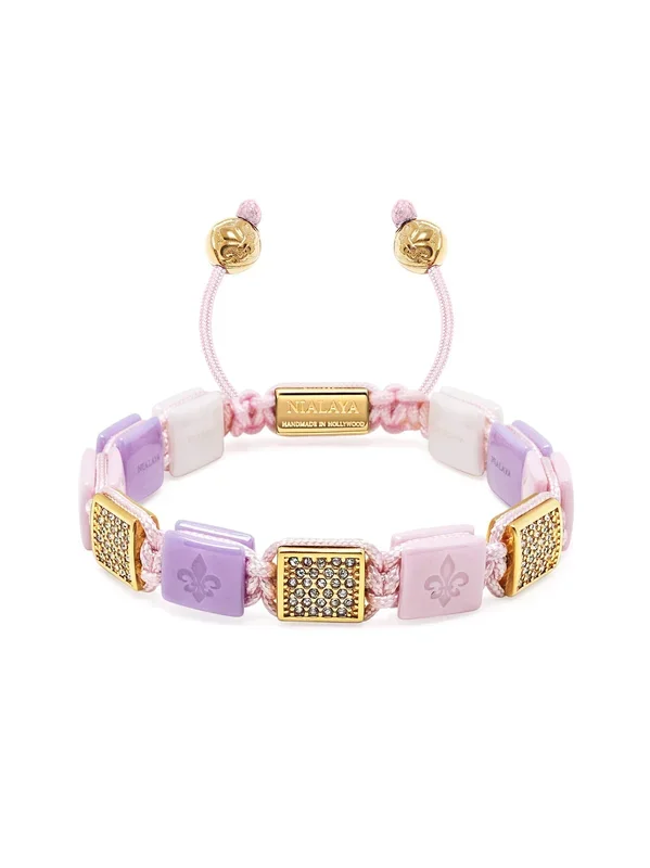 Women’s White, Lavender & Soft Pink Ceramic Flatbead Bracelet with Gold CZ