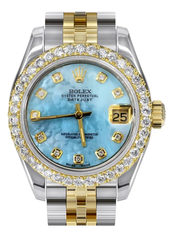 Womens Diamond Gold Hidden Clasp Rolex Watch | 1 Carat Bezel | 26Mm | Aqua Mother of Pearl Dial | Jubilee Band | Model 179173