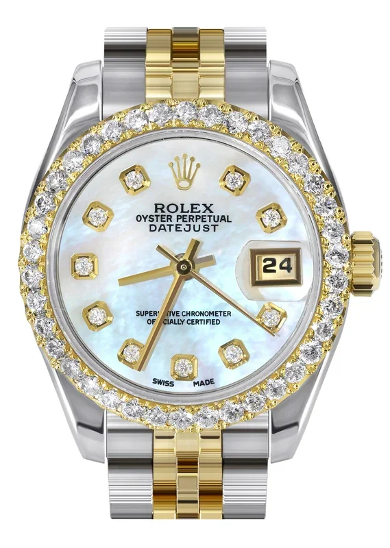 Womens Diamond Gold Hidden Clasp Rolex Watch | 1 Carat Bezel | 26Mm | Light Blue Mother of Pearl Dial | Jubilee Band | Model 179173