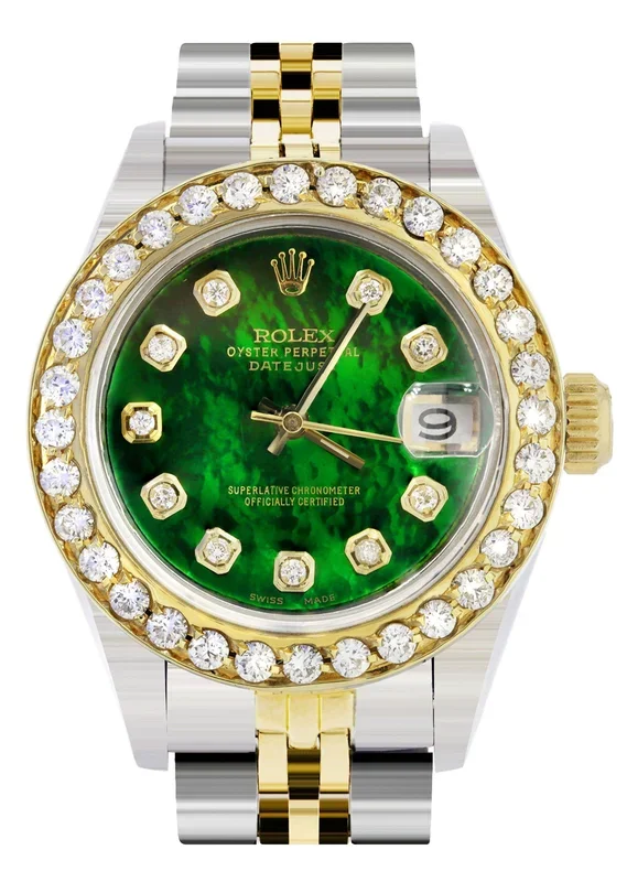 Womens Diamond Gold Rolex Watch | 1 Carat Bezel | 26Mm | Green Pearl Dial | Jubilee Band
