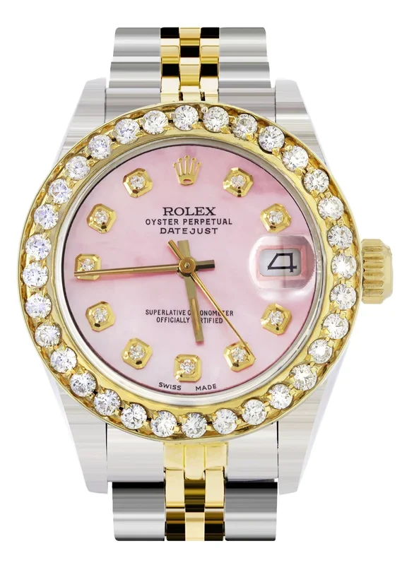 Womens Diamond Gold Rolex Watch | 1 Carat Bezel | 26Mm | Light Pink Pearl Dial | Jubilee Band