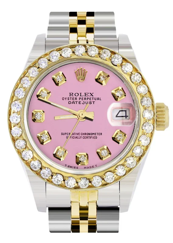 Womens Diamond Gold Rolex Watch | 1 Carat Bezel | 26Mm | Pink Dial | Jubilee Band