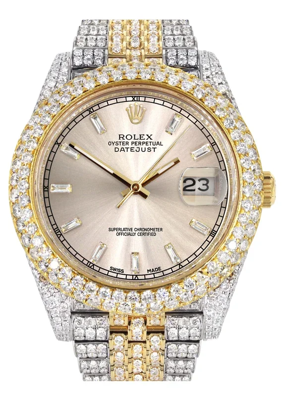 Womens Diamond Iced Out Rolex Datejust 41 | 25 Carats Of Diamonds | Custom Dawn Pink Dial | Two Tone | Two Row | Jubilee Band