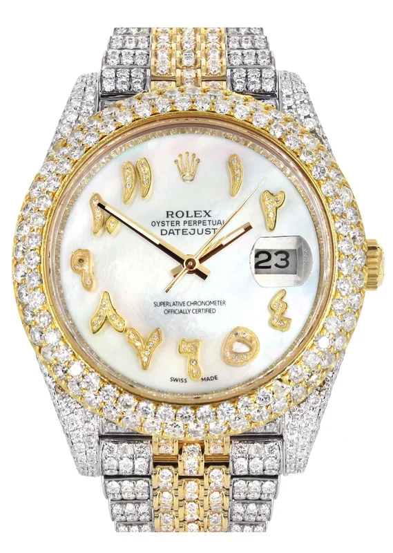 Womens Diamond Iced Out Rolex Datejust 41 | 25 Carats Of Diamonds | Custom Mother of Pearl Arabic Numeral Diamond Dial | Two Tone | Two Row | Jubilee Band