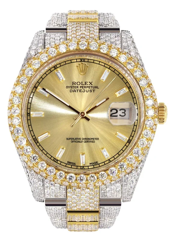 Womens Diamond Iced Out Rolex Datejust 41 | 25 Carats Of Diamonds | Gold Diamond Dial | Two Tone | Two Row | Oyster Band