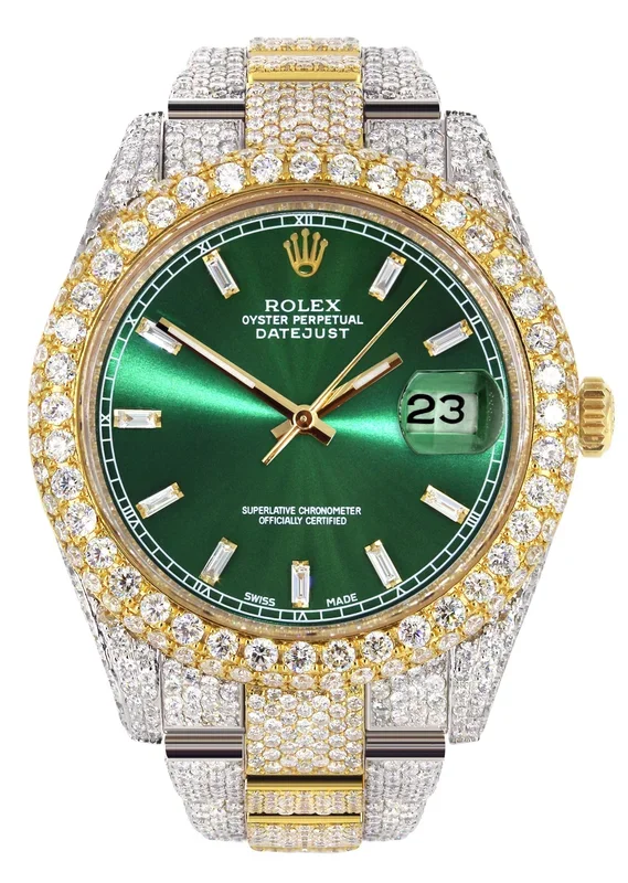 Womens Diamond Iced Out Rolex Datejust 41 | 25 Carats Of Diamonds | Green Diamond Dial | Two Tone | Two Row | Oyster Band