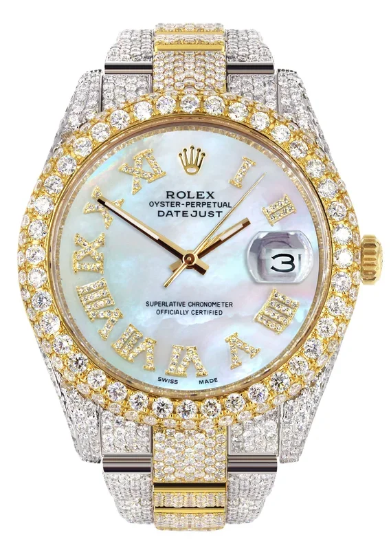 Womens Diamond Iced Out Rolex Datejust 41 | 25 Carats Of Diamonds | Mother of Pearl Roman Numeral Dial | Two Tone | Two Row | Oyster Band