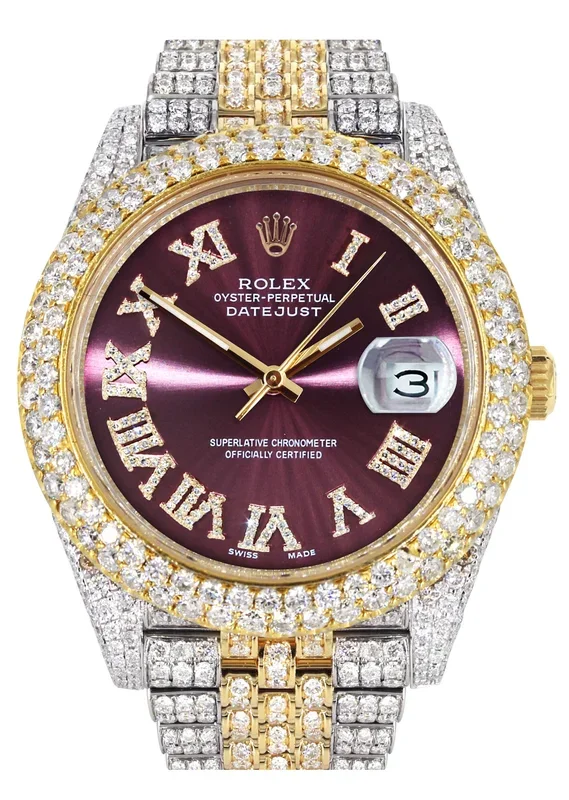Womens Diamond Iced Out Rolex Datejust 41 | 25 Carats Of Diamonds | Purple Dial | Two Tone | Two Row | Jubilee Band