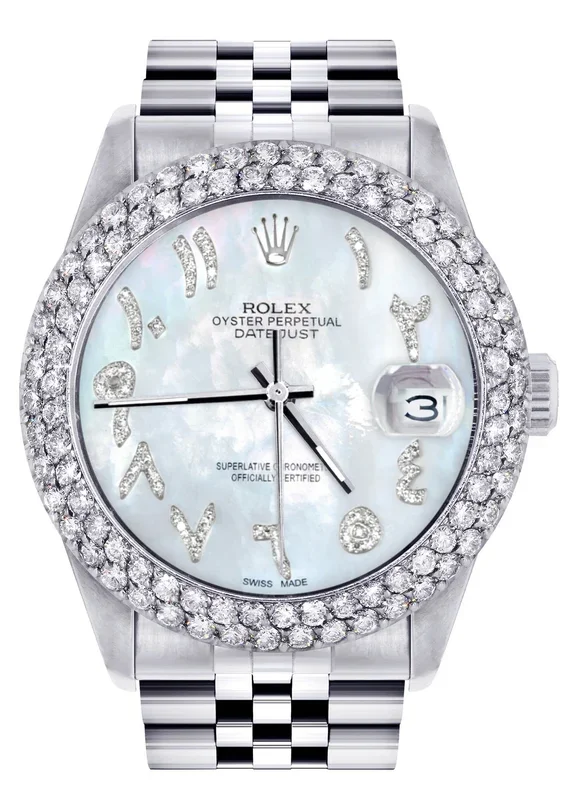 Womens Rolex Datejust Watch 16200 | 36Mm | Mother of Pearl Arabic Diamond Dial | Two Row 4.25 Carat Bezel | Jubilee Band
