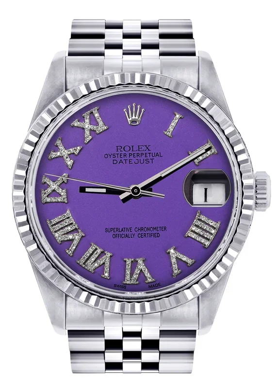 Womens Rolex Datejust Watch 16200 | 36Mm | Purple Roman Numeral Dial | Fluted Bezel | Jubilee Band