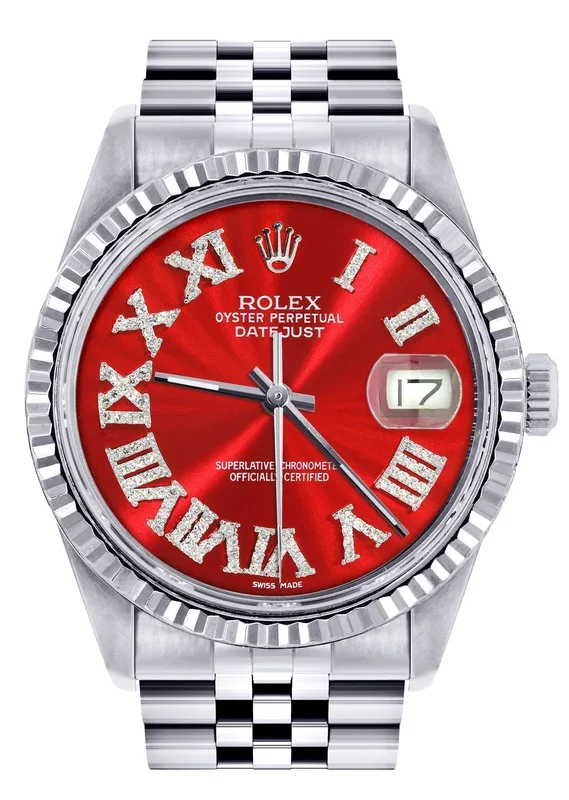 Womens Rolex Datejust Watch 16200 | 36Mm | Red Roman Numeral Dial | Fluted Bezel | Jubilee Band